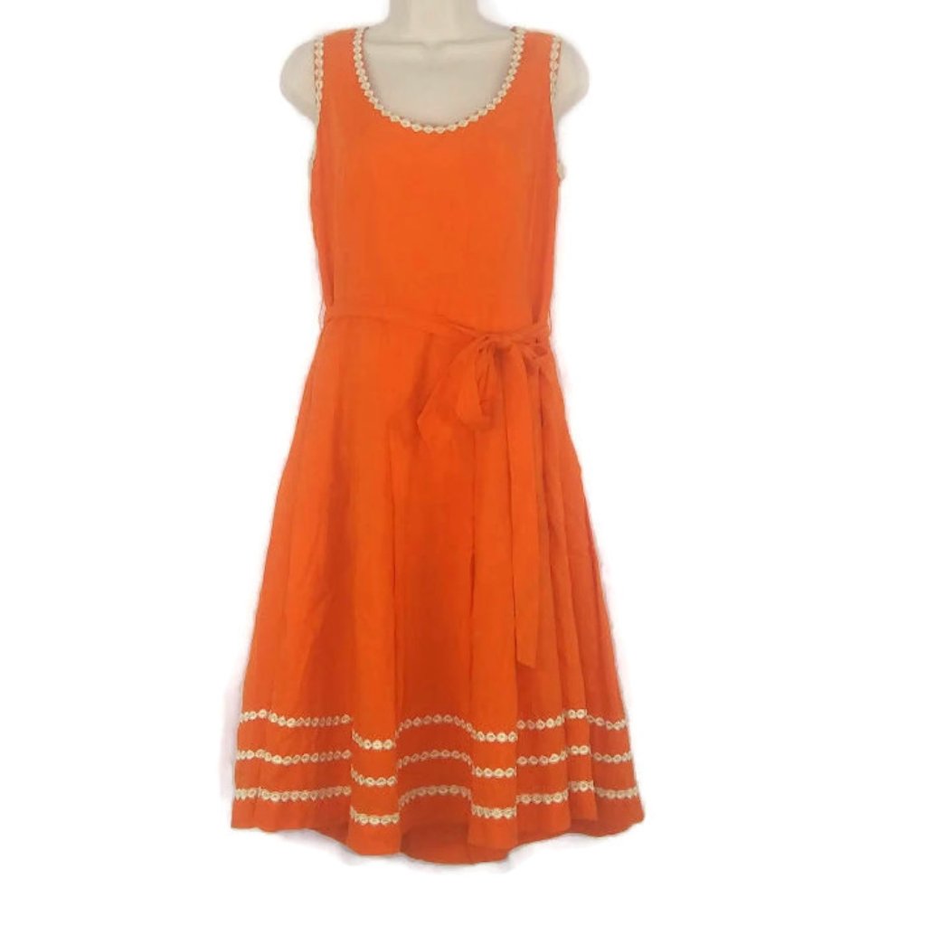 Penta Orange Floral Embroidered Ric Rac Fit And Flare Dress
